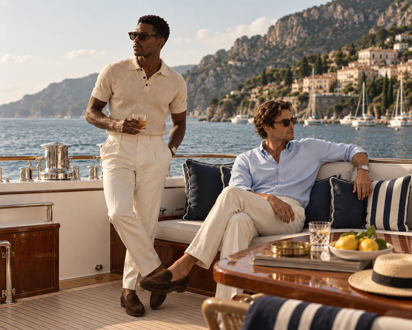 DERVEMONT campaign: relaxed tailoring and the ivory knit on a Mediterranean yacht